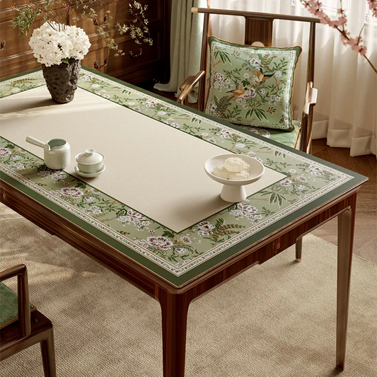 Chinoiserie Emerald Green Floral Luxury Leather Table Mat – Wash-Free Waterproof Easy-Clean Placemat