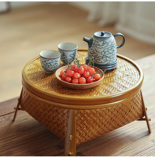 Tea Storage Table Chinese Handmade Natural Bamboo Weaving Artwork Golden Tea Table Home Deco Zen Chinese Style Desk