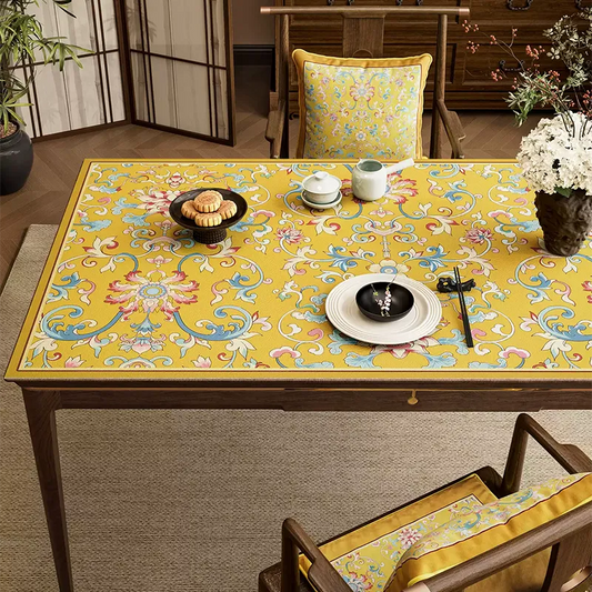 Chinoiserie Imperial Yellow Enamel Floral Luxury Leather Table Mat – Waterproof Easy-Clean Placemat