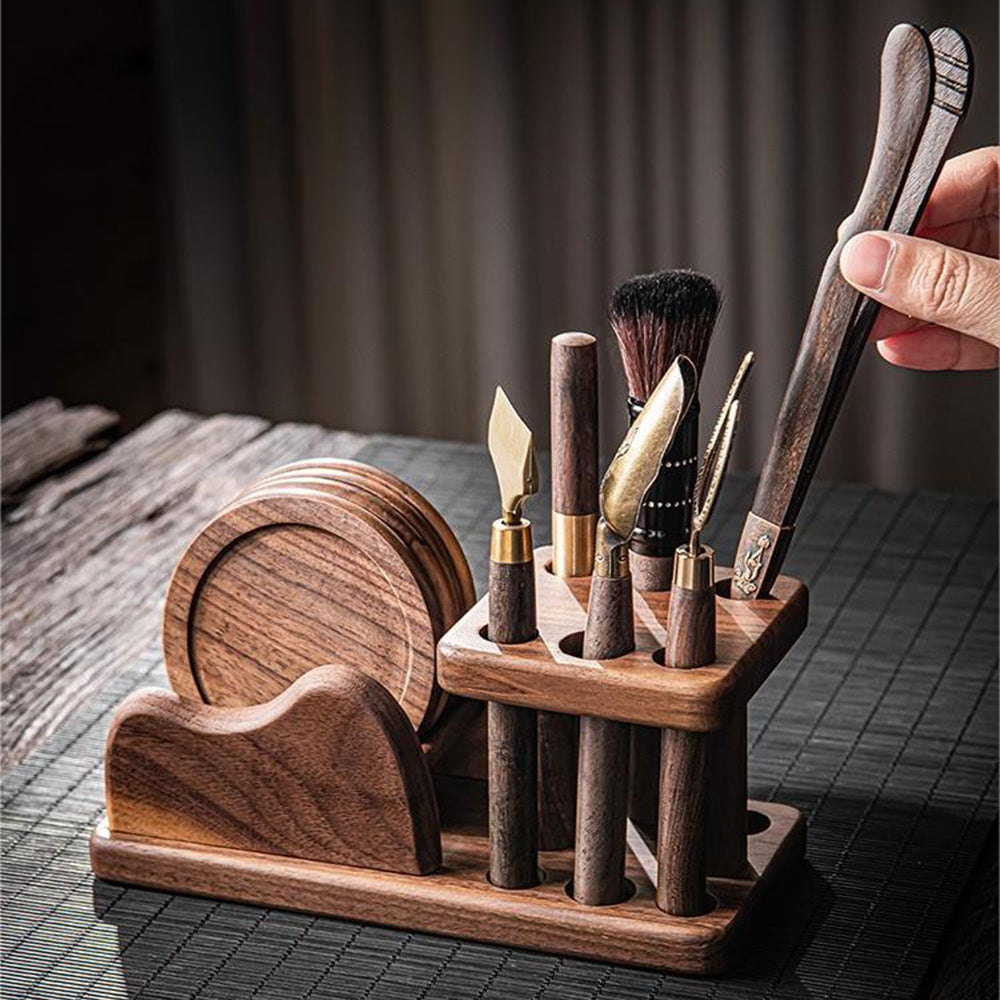 Walnut Kung Fu Tea Utensils Set With 6 Coaster | Jiangnan Sourcing