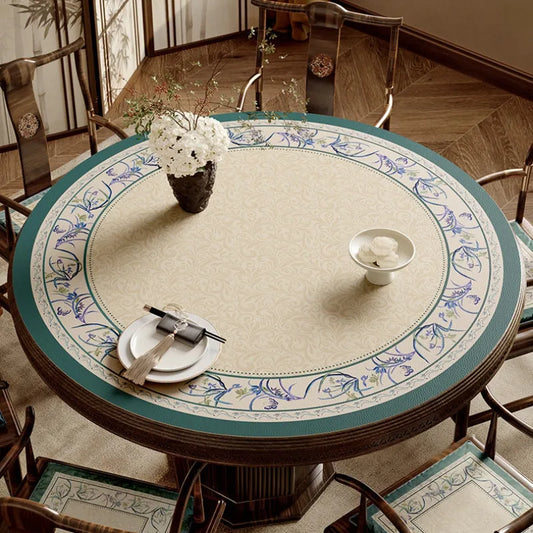Chinoiserie Luxury Summer Blue Round Leather Table Mat Easy-Clean