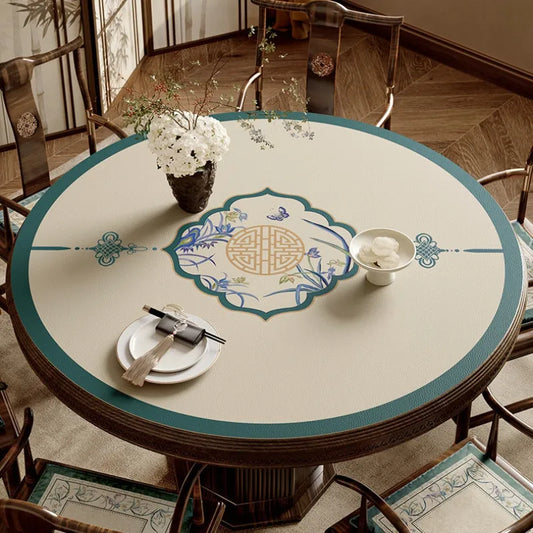 Chinoiserie Luxury Summer Blue Round Leather Table Mat Easy-Clean
