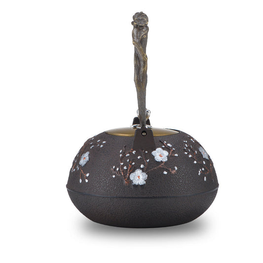 إبريق شاي ياباني من الحديد الزهر بنقشة طائر العقعق والبرقوق