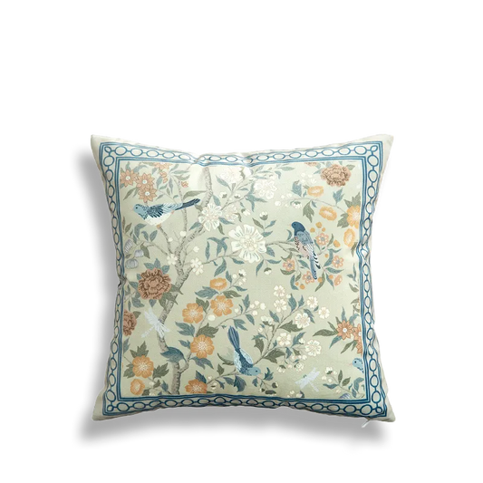 Chinoiserie Moonlit Flowers & Birds Embroidered Throw Pillow for Sofa & Bed Decor