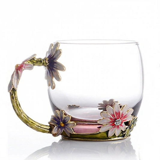 Colour Enamel Flowers Glass Tea Cup